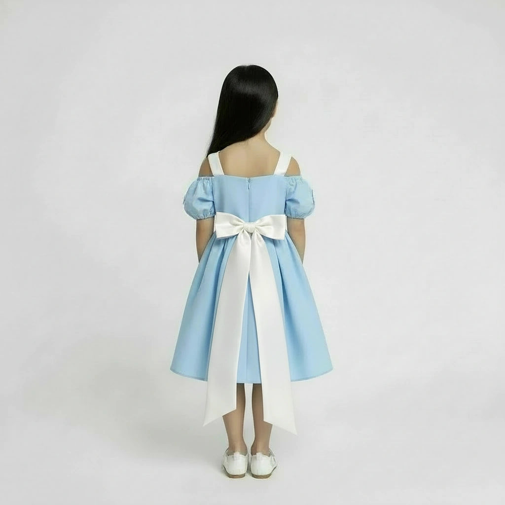 Girls’ Light Blue Bow & Ribbon Occasion Dress