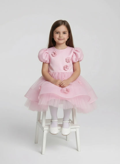 Soft Pink Puff-Sleeve Princess Dress