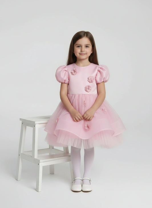 Soft Pink Puff-Sleeve Princess Dress