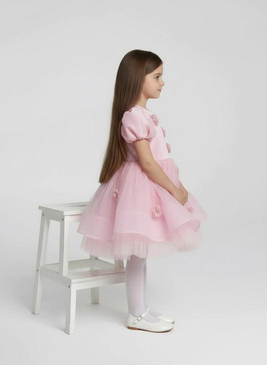 Soft Pink Puff-Sleeve Princess Dress