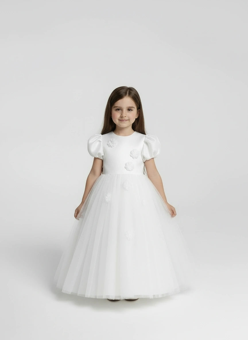 Girls' Snow White Puff-Sleeve Princess Dress – Floral Tulle Ballgown