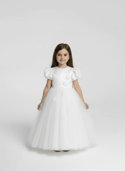 Girls' Snow White Puff-Sleeve Princess Dress – Floral Tulle Ballgown