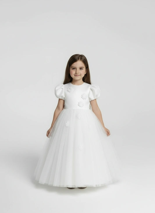 Girls' Snow White Puff-Sleeve Princess Dress – Floral Tulle Ballgown