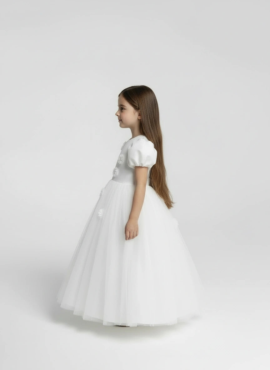 Girls' Snow White Puff-Sleeve Princess Dress – Floral Tulle Ballgown