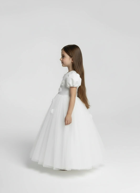Girls' Snow White Puff-Sleeve Princess Dress – Floral Tulle Ballgown