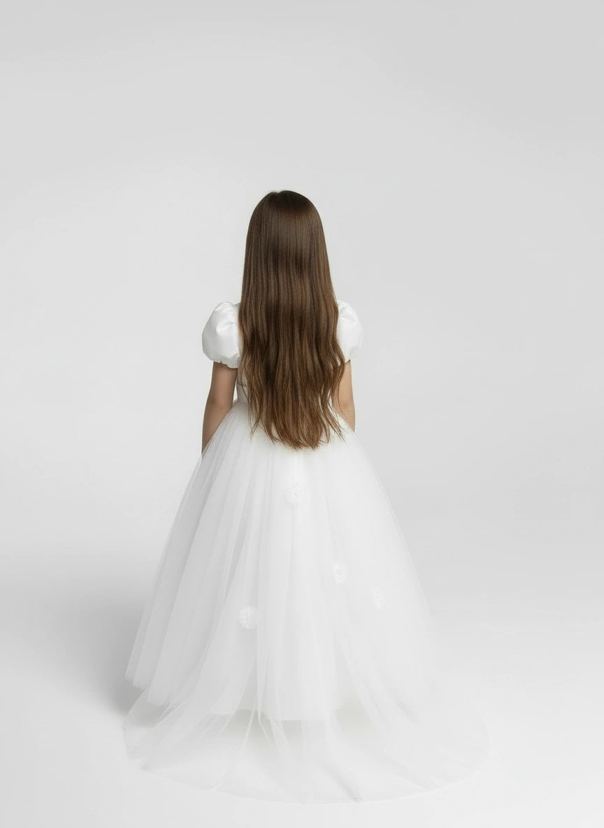 Girls' Snow White Puff-Sleeve Princess Dress – Floral Tulle Ballgown
