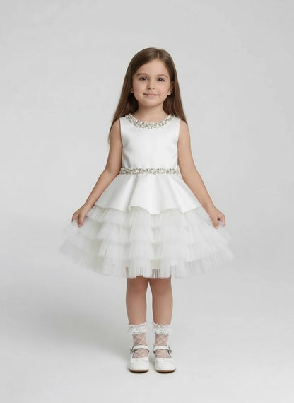 White sleeveless satin and pleated tulle dress
