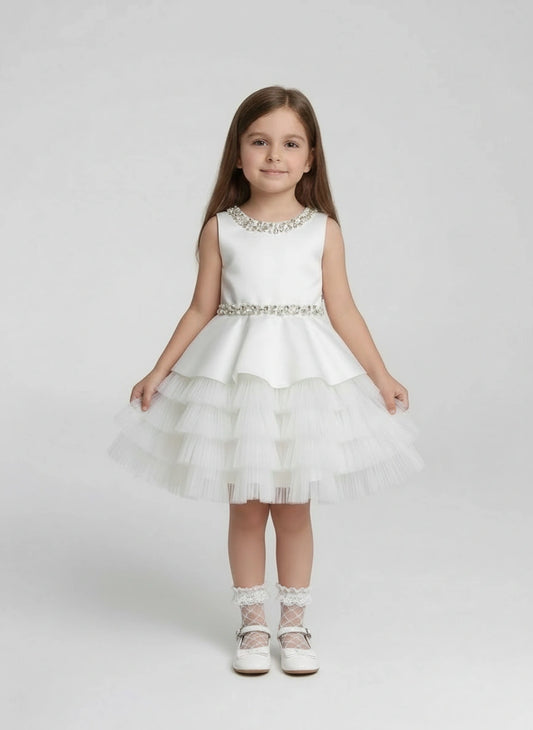 White sleeveless satin and pleated tulle dress