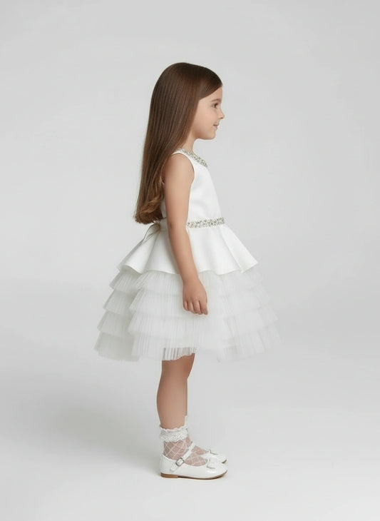 White sleeveless satin and pleated tulle dress