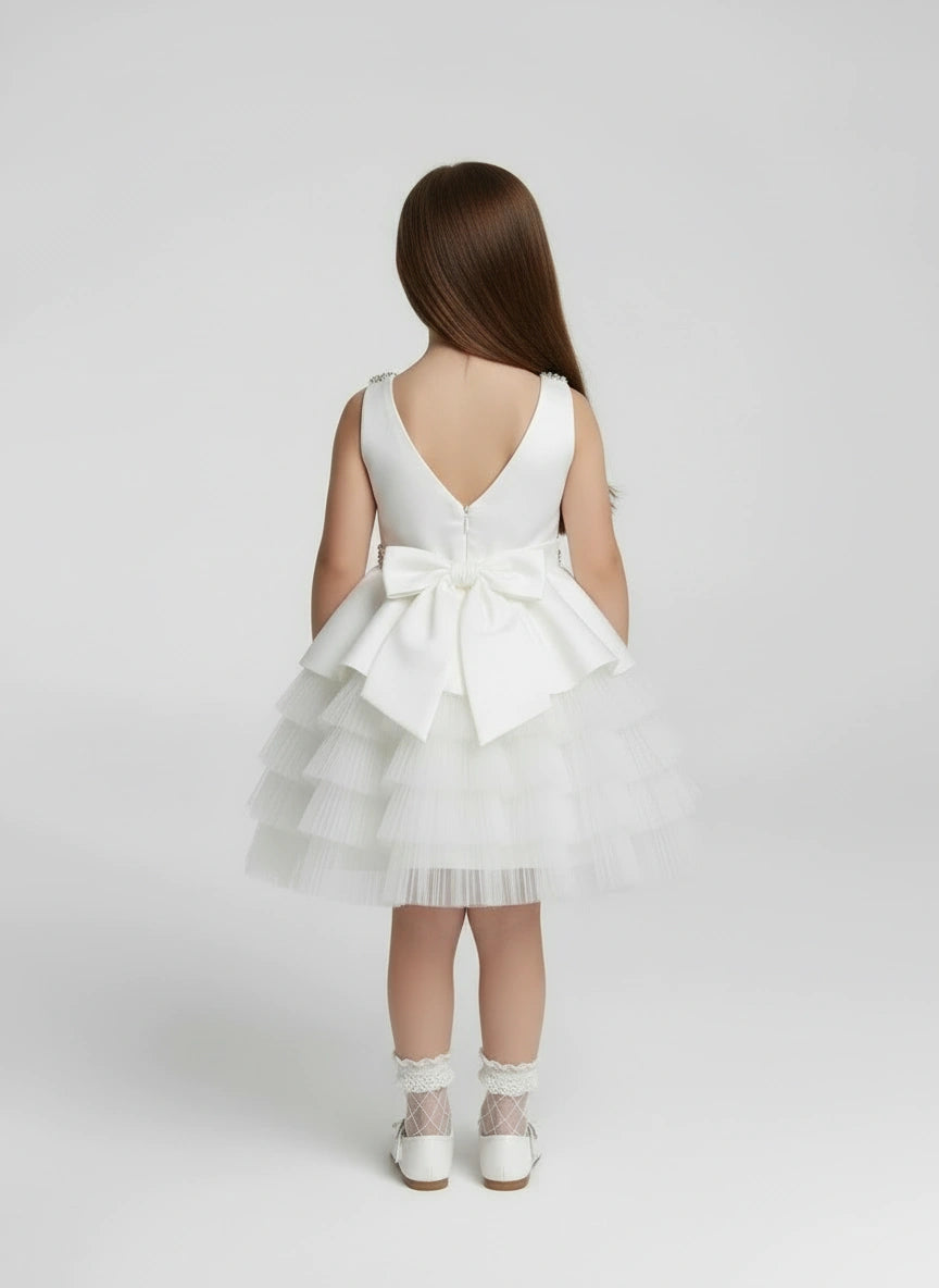 White sleeveless satin and pleated tulle dress
