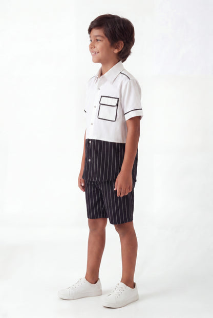 Boys' Monochrome Pinstripe Color-Block Set – Two-Piece Shirt and Shorts Co-ord