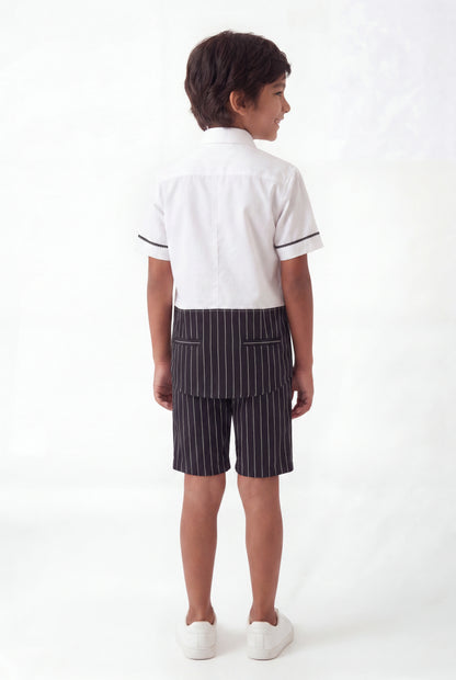 Boys' Monochrome Pinstripe Color-Block Set – Two-Piece Shirt and Shorts Co-ord