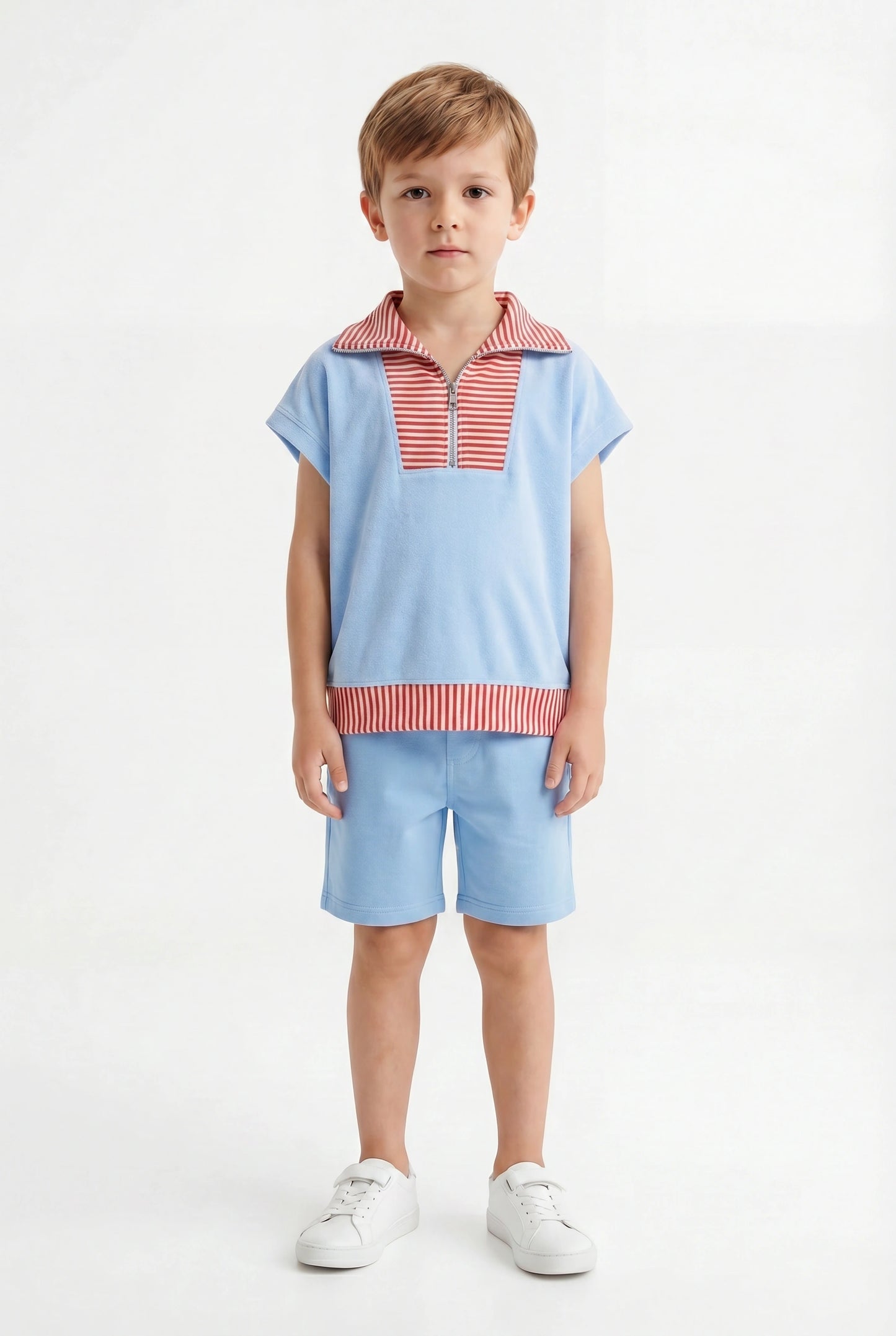 Boys' Sky Blue & Terracotta Striped Polo Set – Retro Quarter-Zip Short Sleeve Co-ord
