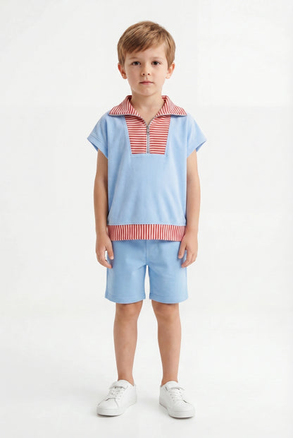 Boys' Sky Blue & Terracotta Striped Polo Set – Retro Quarter-Zip Short Sleeve Co-ord