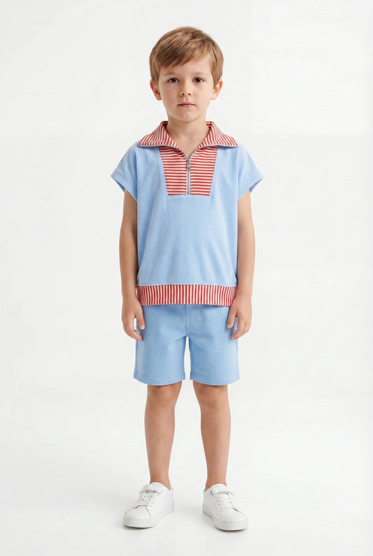 Boys' Sky Blue & Terracotta Striped Polo Set – Retro Quarter-Zip Short Sleeve Co-ord