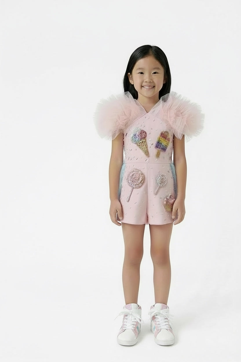 Girls Candy-Themed Birthday Romper with Detachable Tulle Skirt