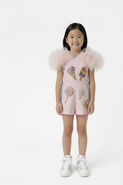 Girls Candy-Themed Birthday Romper with Detachable Tulle Skirt