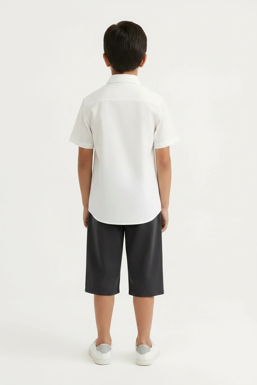 Boys' White Geometric Appliqué Shirt & Black Tailored Shorts