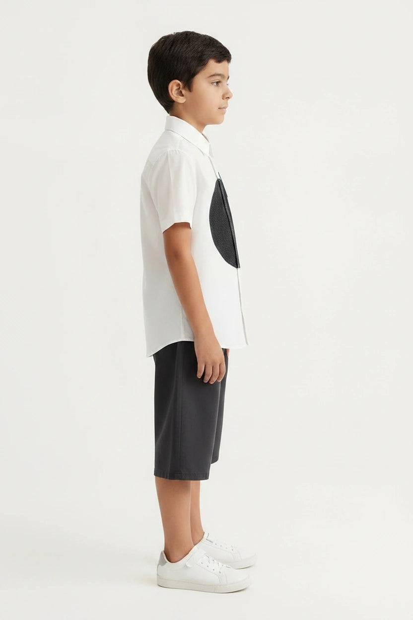 Boys' White Geometric Appliqué Shirt & Black Tailored Shorts