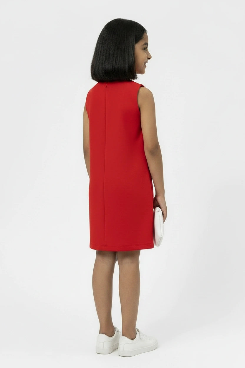 Girls' Red A-Line Shift Dress with Oversized White Bows