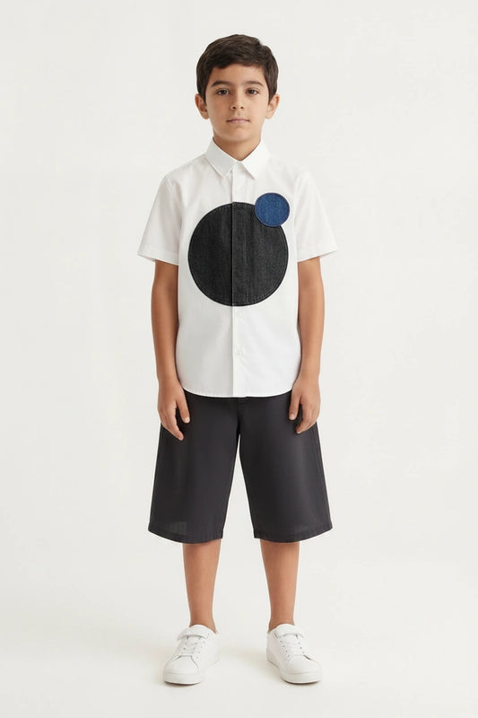 Boys' White Geometric Appliqué Shirt & Black Tailored Shorts