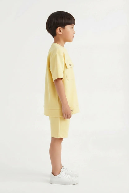 Boys' Buttercream Yellow Luxury Set – Two-Piece Utility T-Shirt and Shorts Co-ord