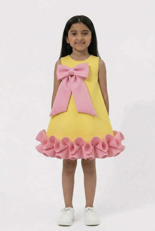 Girls' Lemon Yellow A-Line Dress with Pink Bow and Ruffle Hem