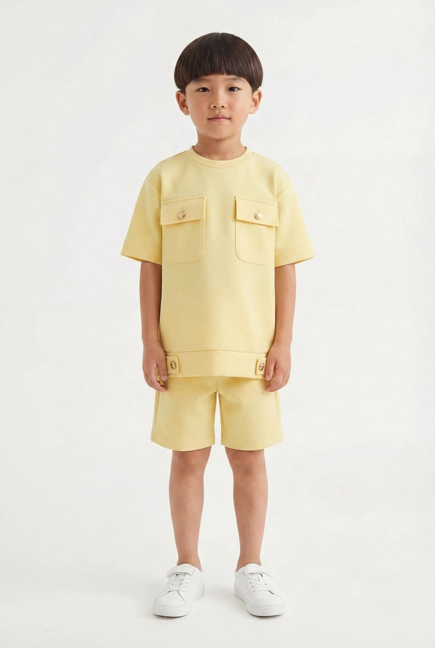 Boys' Buttercream Yellow Luxury Set – Two-Piece Utility T-Shirt and Shorts Co-ord