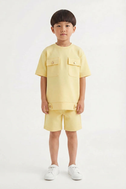 Boys' Buttercream Yellow Luxury Set – Two-Piece Utility T-Shirt and Shorts Co-ord