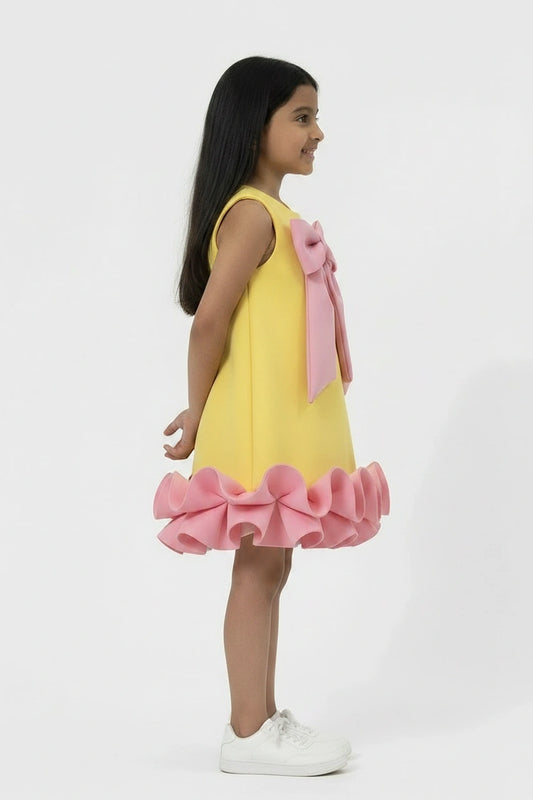 Girls' Lemon Yellow A-Line Dress with Pink Bow and Ruffle Hem