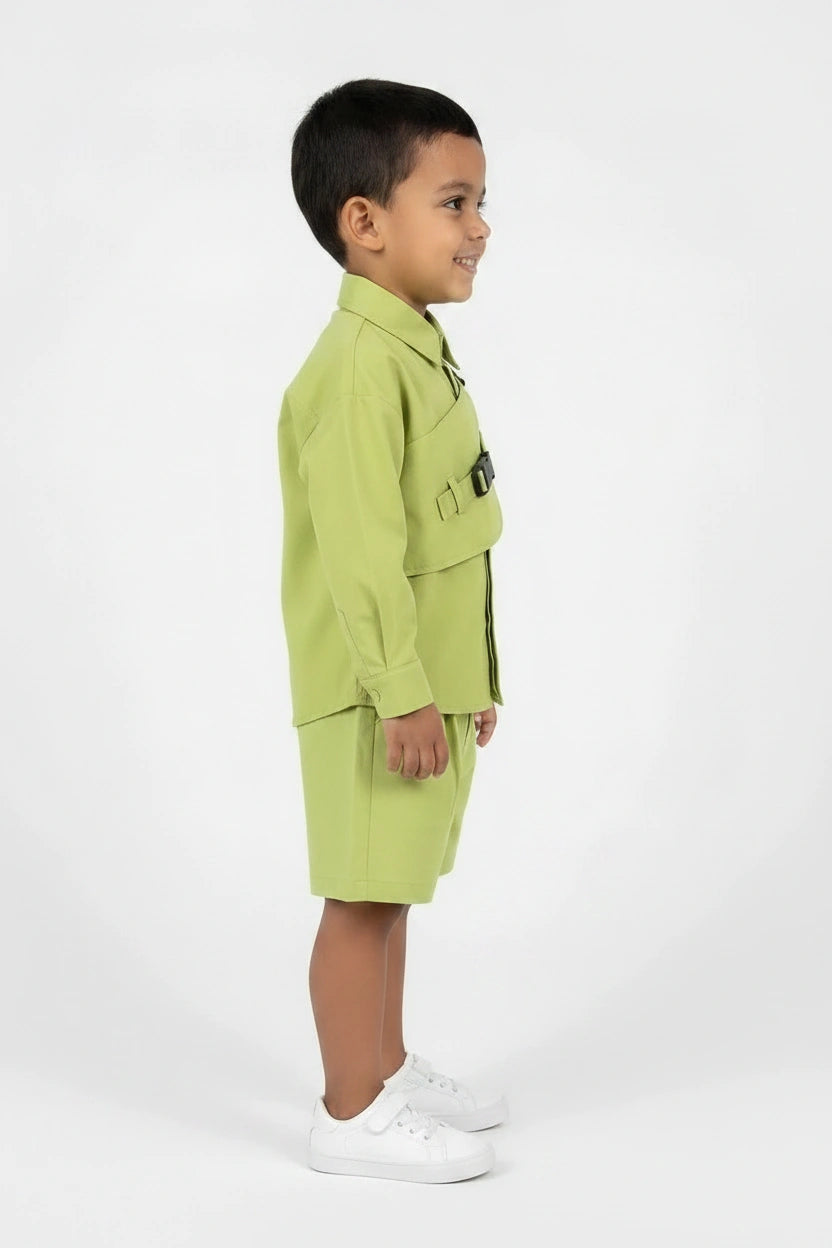 Boys' Lime Green Utility Co-ord Set – Tactical Two-Piece Shirt and Shorts Outfit