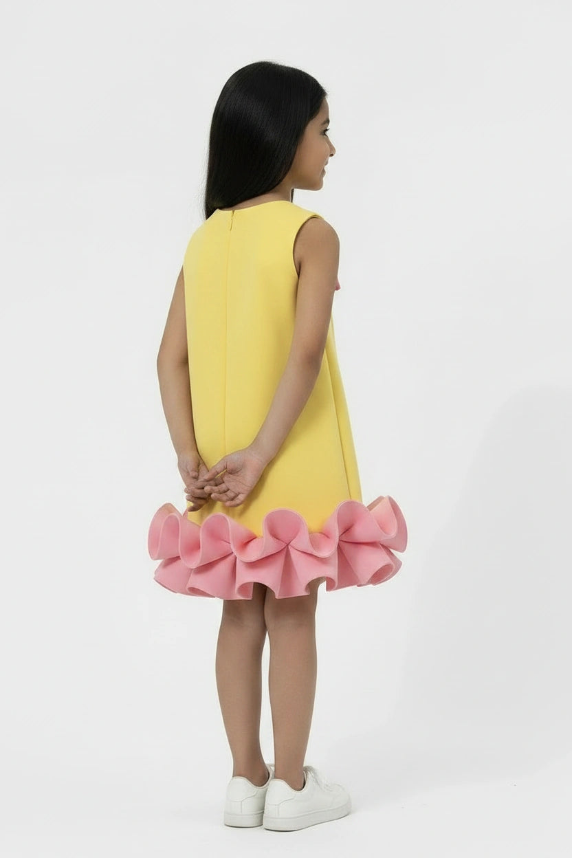 Girls' Lemon Yellow A-Line Dress with Pink Bow and Ruffle Hem