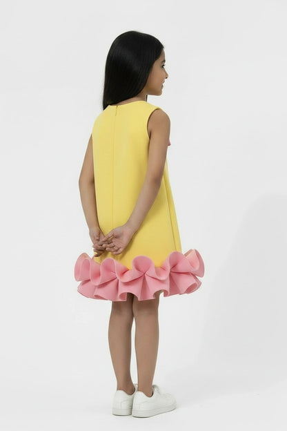 Girls' Lemon Yellow A-Line Dress with Pink Bow and Ruffle Hem