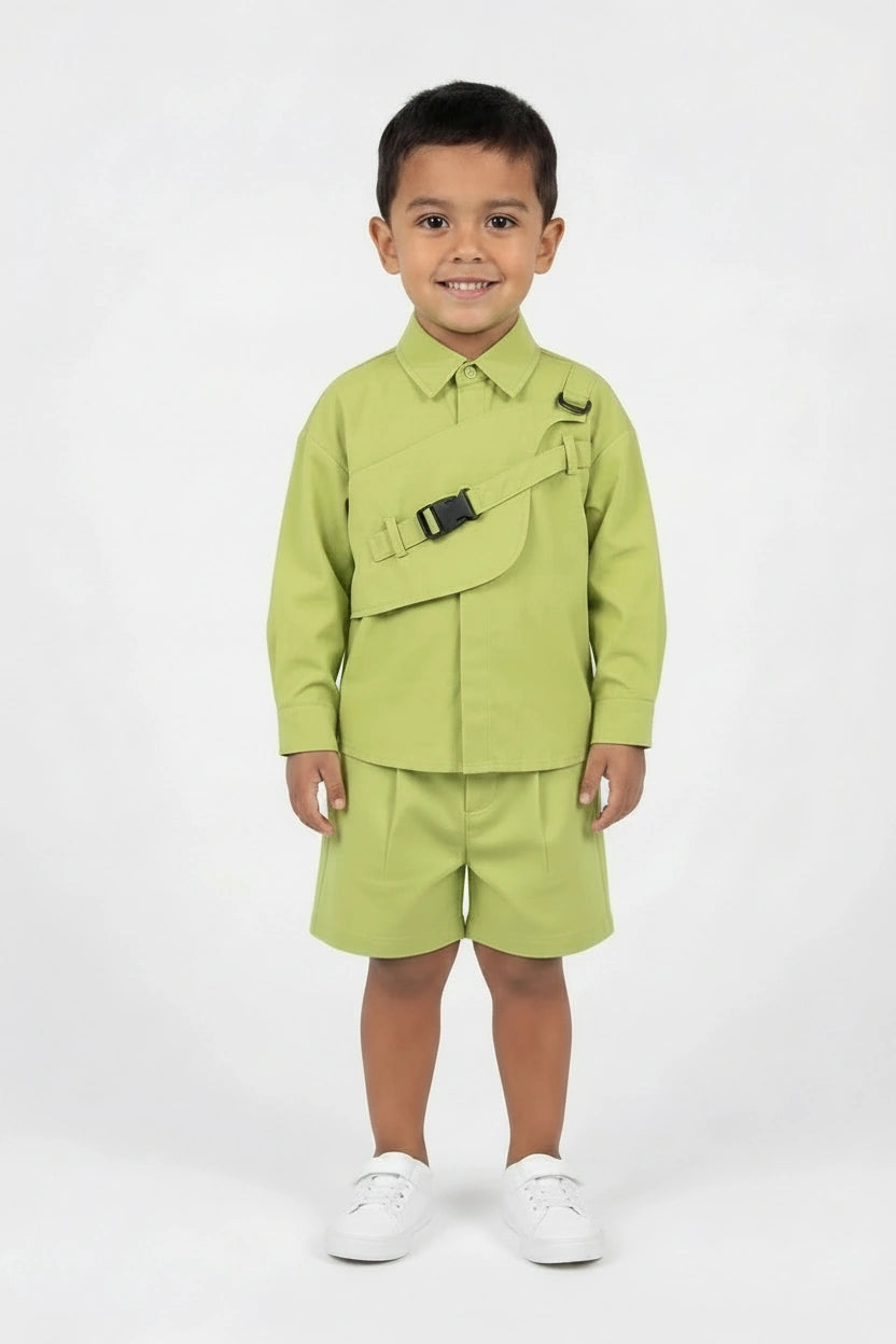 Boys' Lime Green Utility Co-ord Set – Tactical Two-Piece Shirt and Shorts Outfit