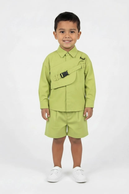 Boys' Lime Green Utility Co-ord Set – Tactical Two-Piece Shirt and Shorts Outfit