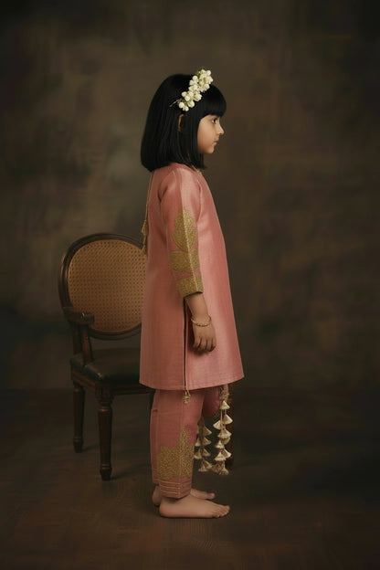 Rose Pink Metallic Embroidered Kurta Set with Potli Bag for Girls