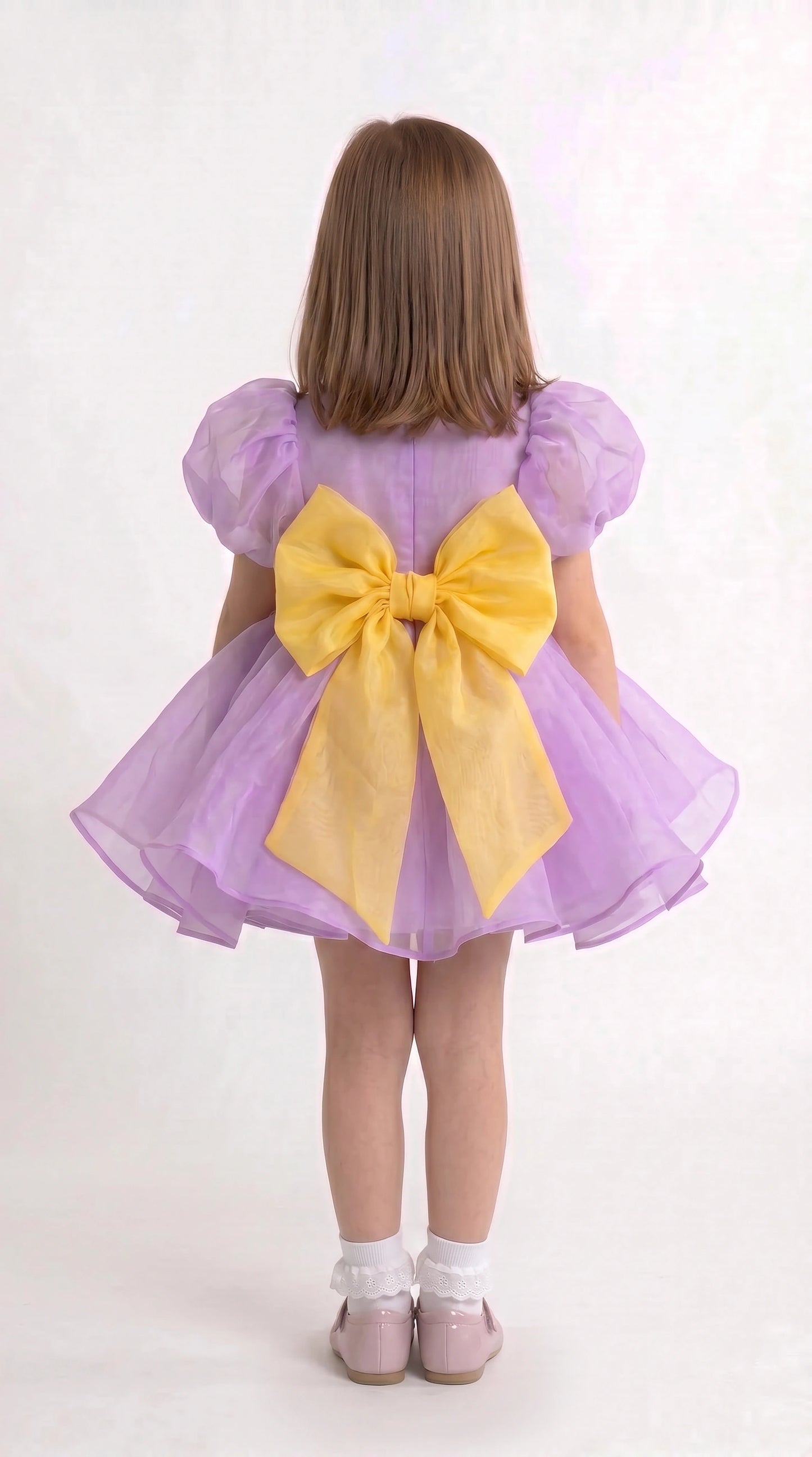 Lavender Dreams: Organza Puff-Sleeve Dress with Oversized Yellow Bow