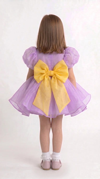 Lavender Dreams: Organza Puff-Sleeve Dress with Oversized Yellow Bow