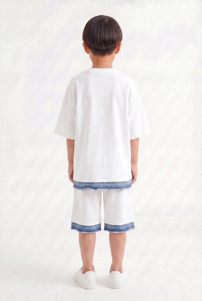 Boys' White Oversized Denim-Trim Set – Two-Piece Streetwear