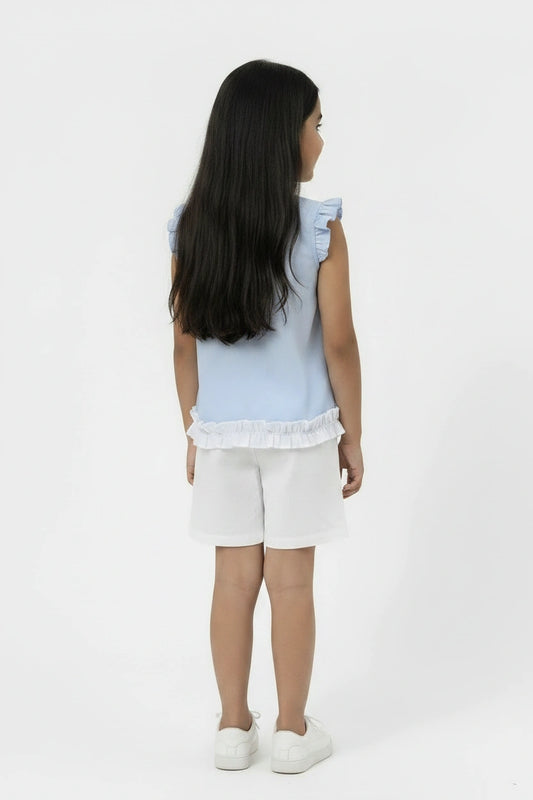 Girls' Pastel Blue Floral Appliqué Top and White Shorts Set