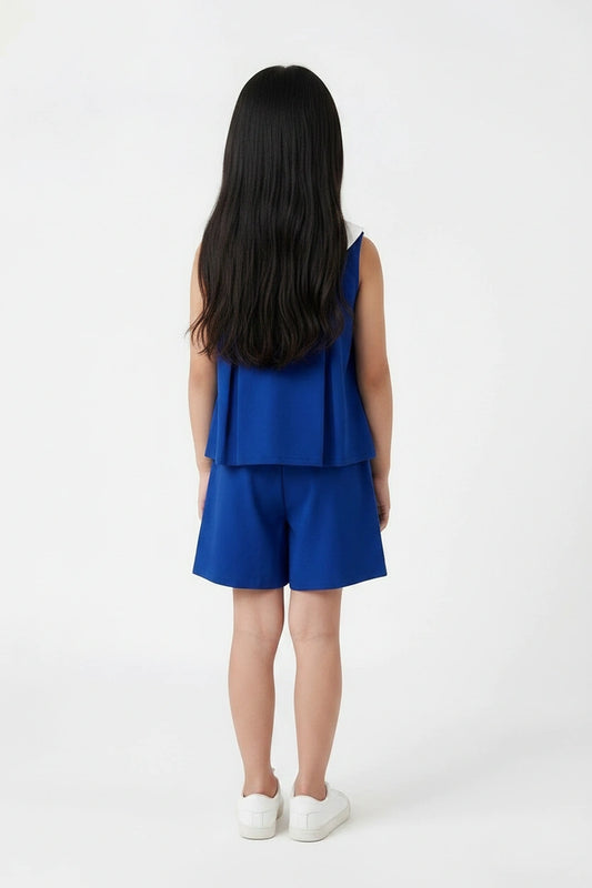 Royal Blue Pleated Coord Set with Peter Pan Collar