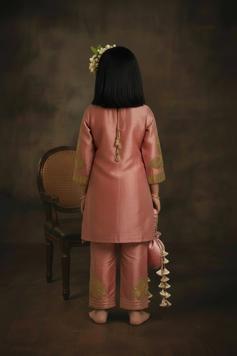 Rose Pink Metallic Embroidered Kurta Set with Potli Bag for Girls