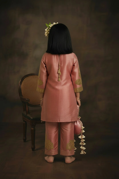 Rose Pink Metallic Embroidered Kurta Set with Potli Bag for Girls