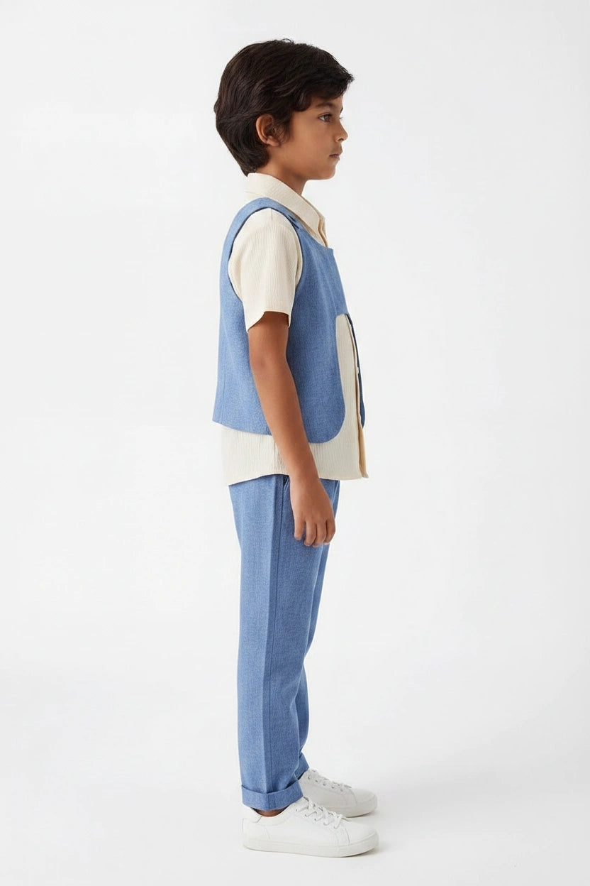 Boys' Sky Blue Chambray Layered Set – Three-Piece Look with Apron-Style Vest and Tailored Trousers