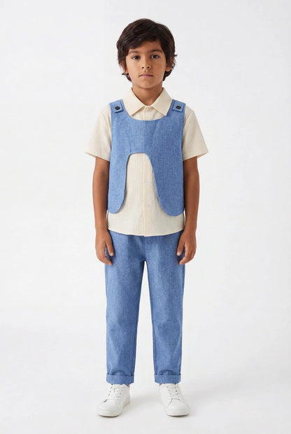 Boys' Sky Blue Chambray Layered Set – Three-Piece Look with Apron-Style Vest and Tailored Trousers