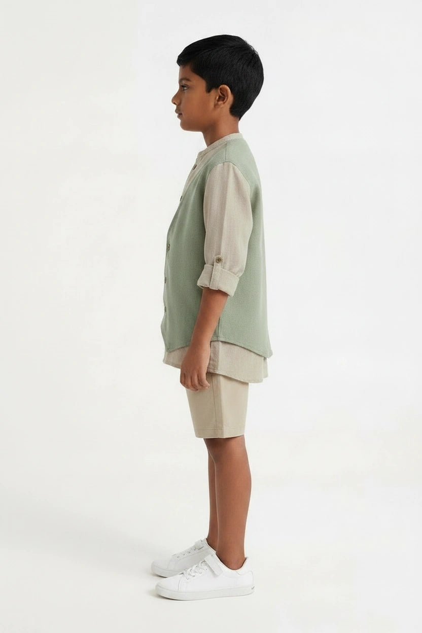 Boys' Sage Green & Beige Linen-Look Waistcoat-Style Co-ord Set