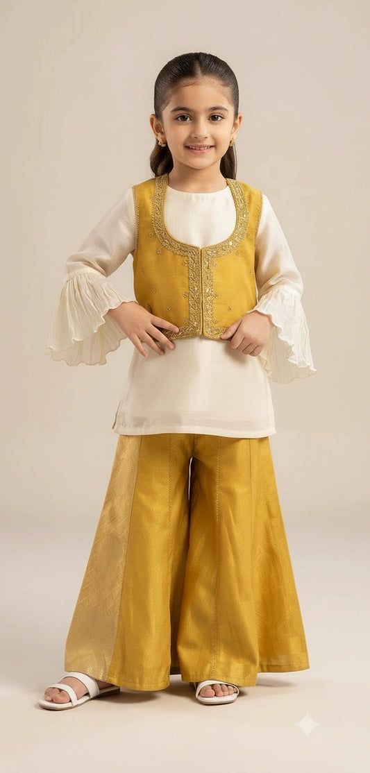 Mustard Yellow Jacket with White Top and Sharara Set for Girls
