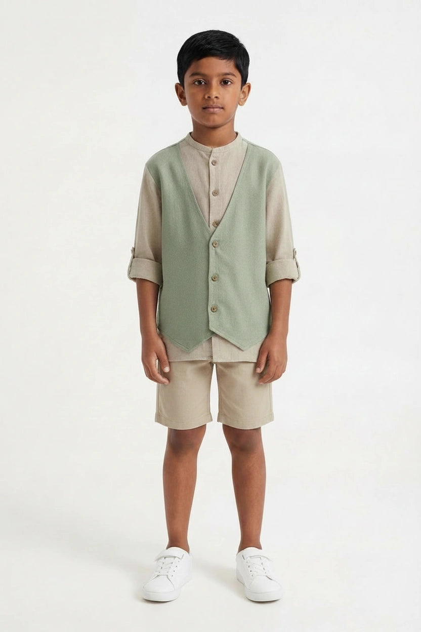 Boys' Sage Green & Beige Linen-Look Waistcoat-Style Co-ord Set
