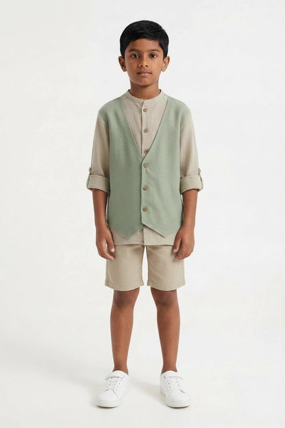 Boys' Sage Green & Beige Linen-Look Waistcoat-Style Co-ord Set