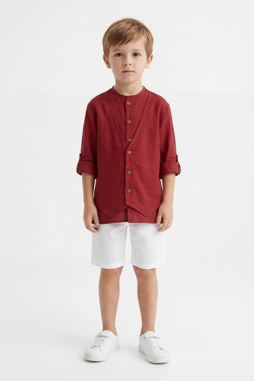 Boys' Rust Red Mandarin Collar Waistcoat-Style Shirt & White Shorts – Two-Piece